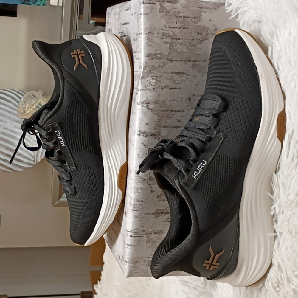 KURU Black Athletic Sneakers with White Midsole and Brown Accents